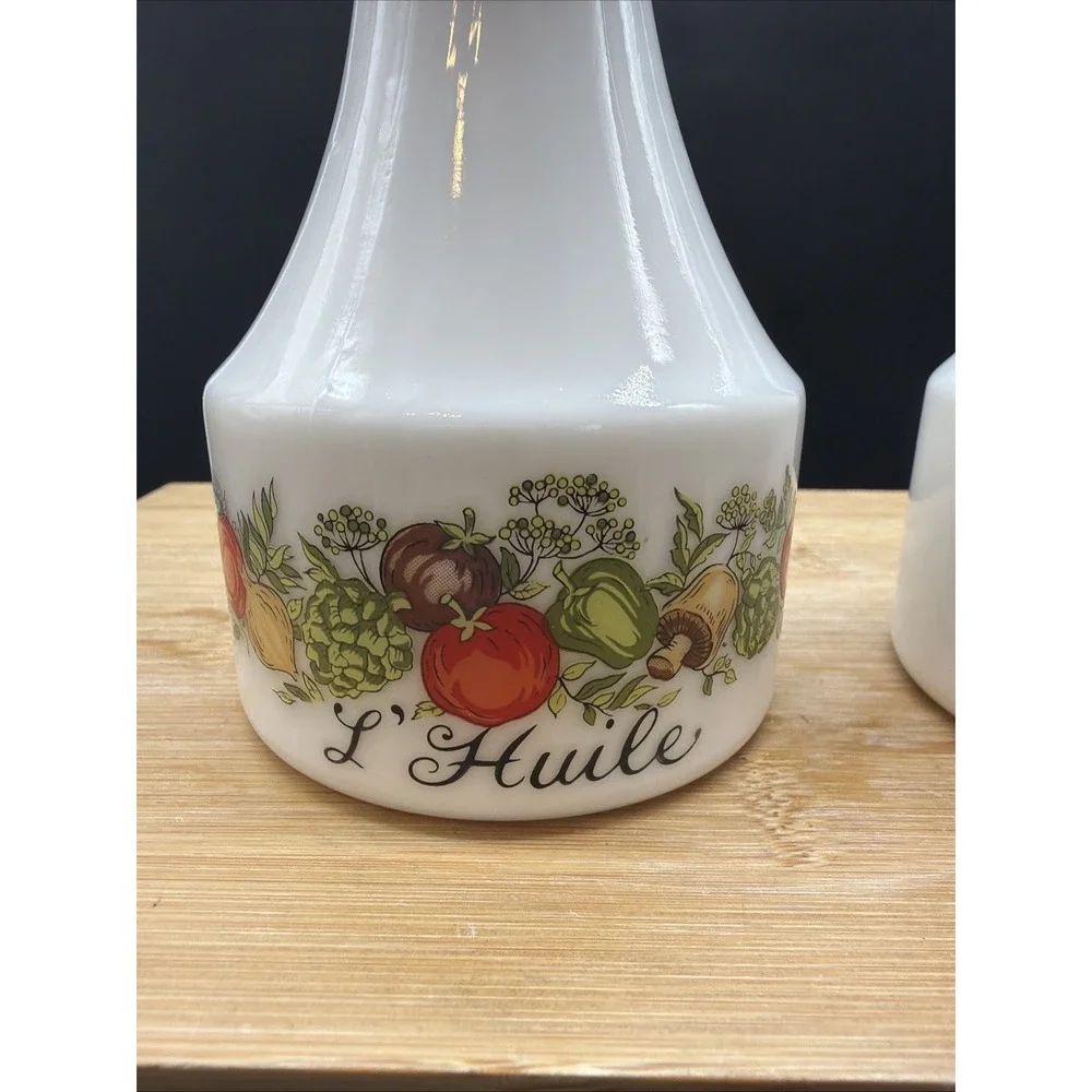 Vintage Gemco Corning Ware SPICE OF LIFE Vinegar  and Oil Cruets Milk Glass